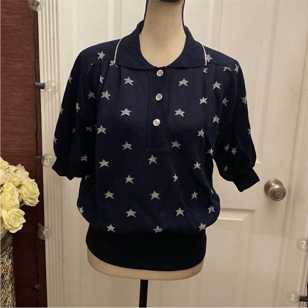 Mila Schon Navy Star Pattern Button Down  knit polo Shirt, S